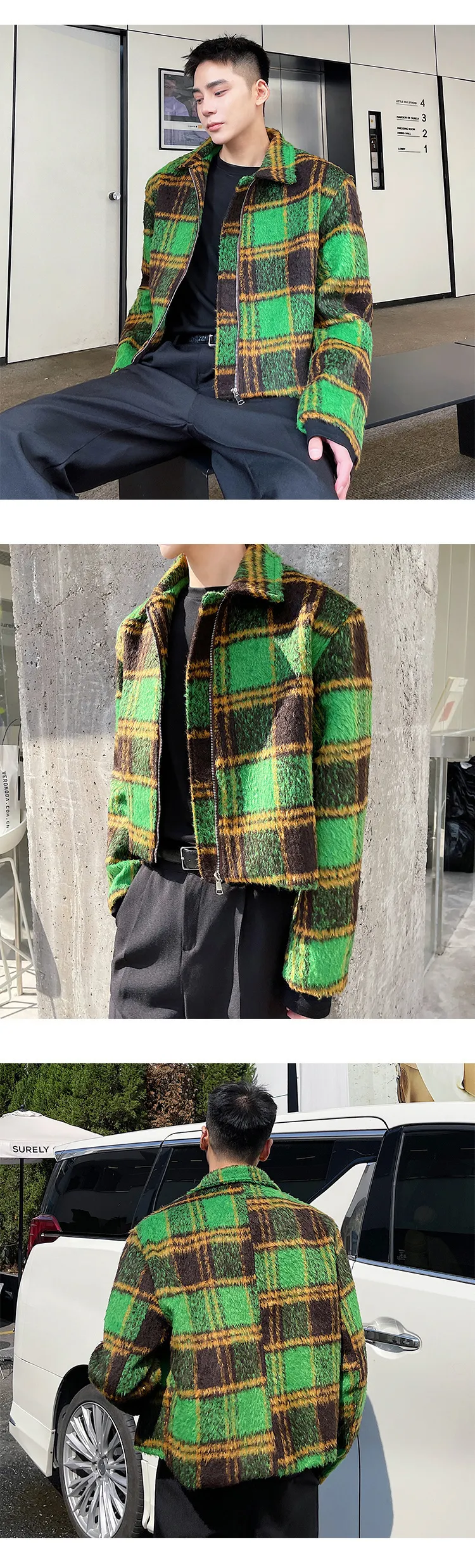 Mens autumn winter acetate plaid short jacket with stand collar