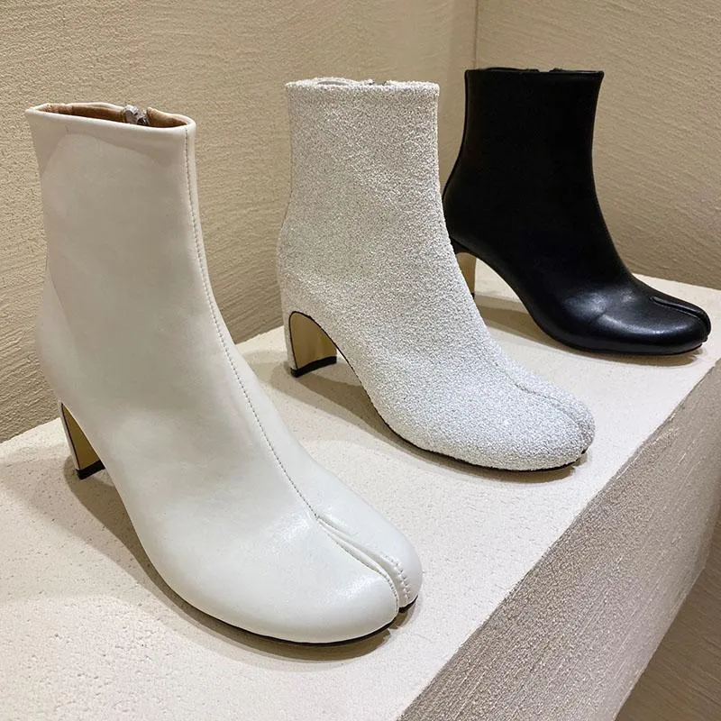 Buty luksusowe dzielone palce kobiety skórzane buty z mikrofibry krótkie zamek błyskawiczne mejr 2022 dziwne obcasy Tabi Ninia Riding Bootsboots