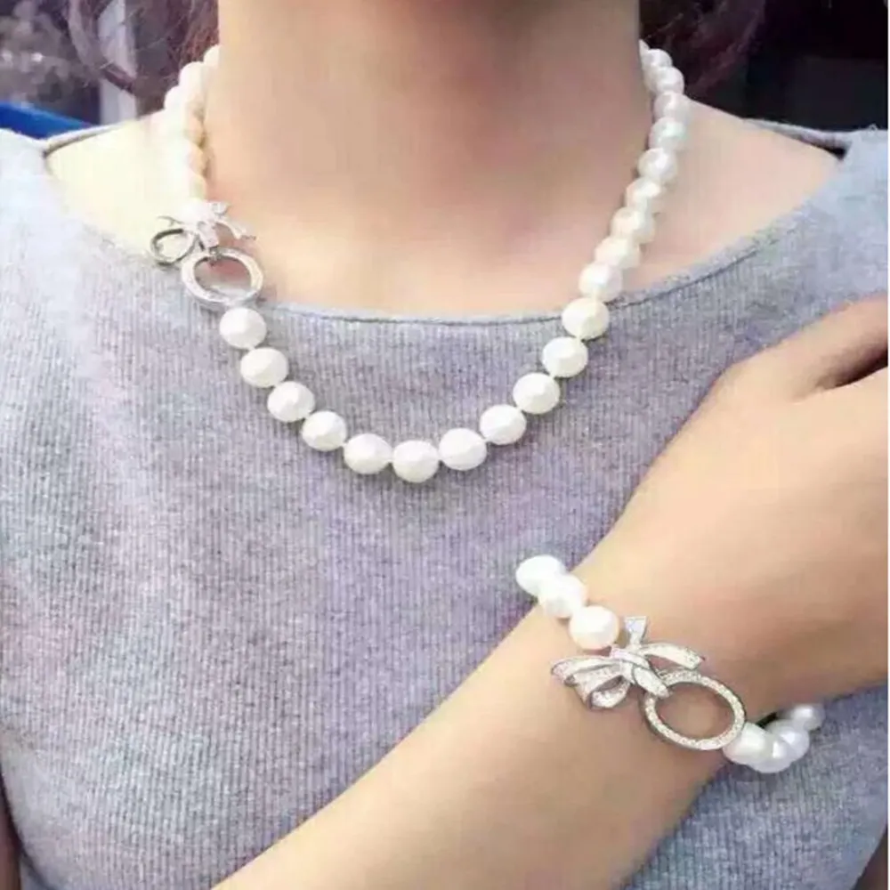 Hand made 9-10mm necklace bracelet white freshwater nearly round pearl micro inlaid zircon accessory set fashion jewelry