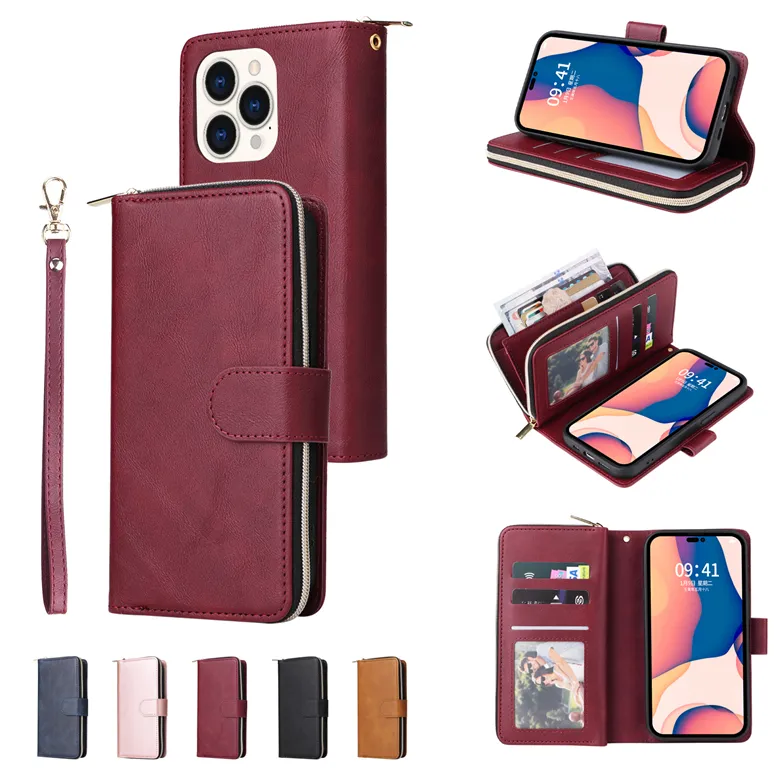 Slim Lanyard Magnetic Folio Phone Case for iPhone 14 13 12 Mini 11 Pro Max XR XS 7 8 Plus SE2 SE3 9 Card Slots Zipper Leather Wallet Chain Bracket Business Shell