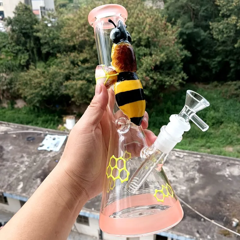 12 inch Delicated Colored Glass Water Bong Hookahs with Honeybee Pattern Female 18mm Oil Dab Rigs Smoking Pipes