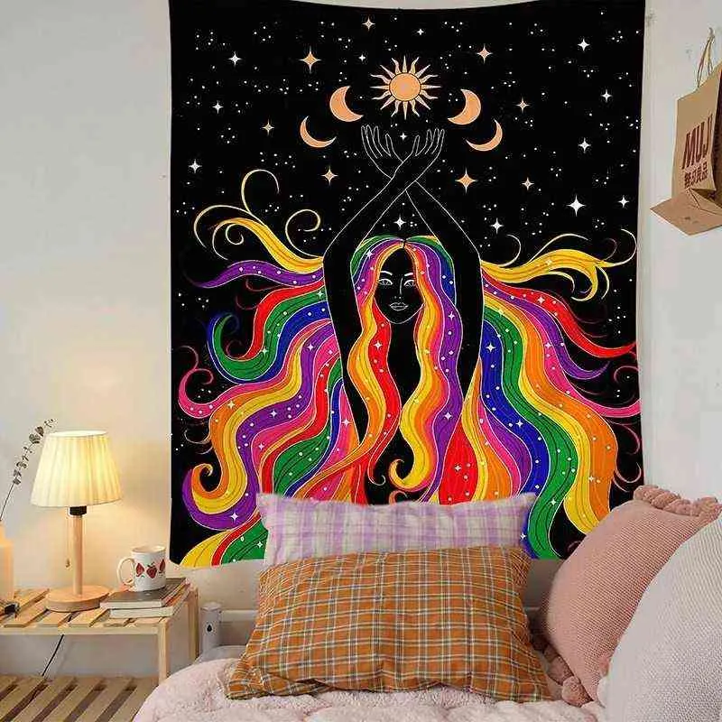 Tapestry Indian Moon Phase Girl Mandala Carpet Wall Hanging Decoration Lace Hippie Witchcraft Cloth J220804