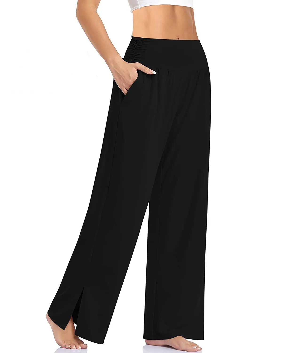 Kvinnor Wide Leg Yoga Pants H￶g midja Justerbar slips Knot Joggers Casual Loose Plus Size Lounge Sweatpants med fickor