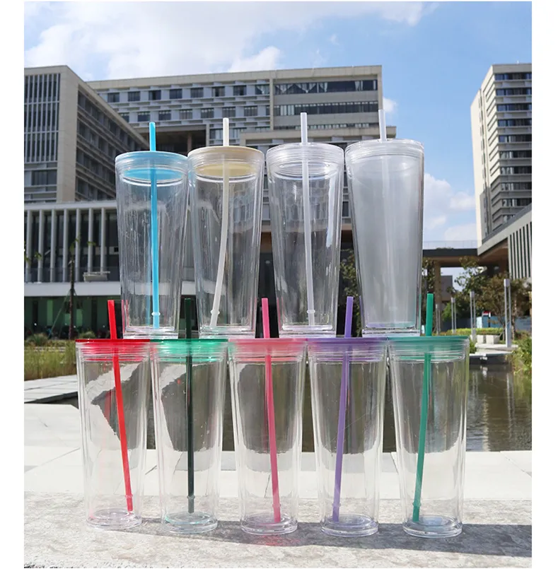 24oz Clear Plastic Tumblers Flat Lid Acrylic Water Bottles With