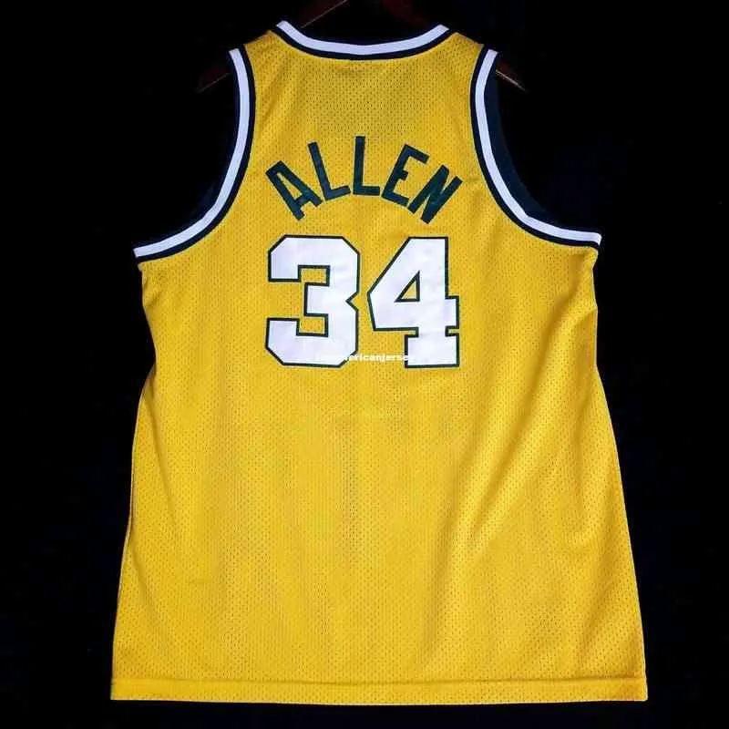 100% gestikte Ray Allen #34 gestikte genaaide trui gele kemp heren Vest maat xs-6xl gestikte basketbal jerseys NCAA