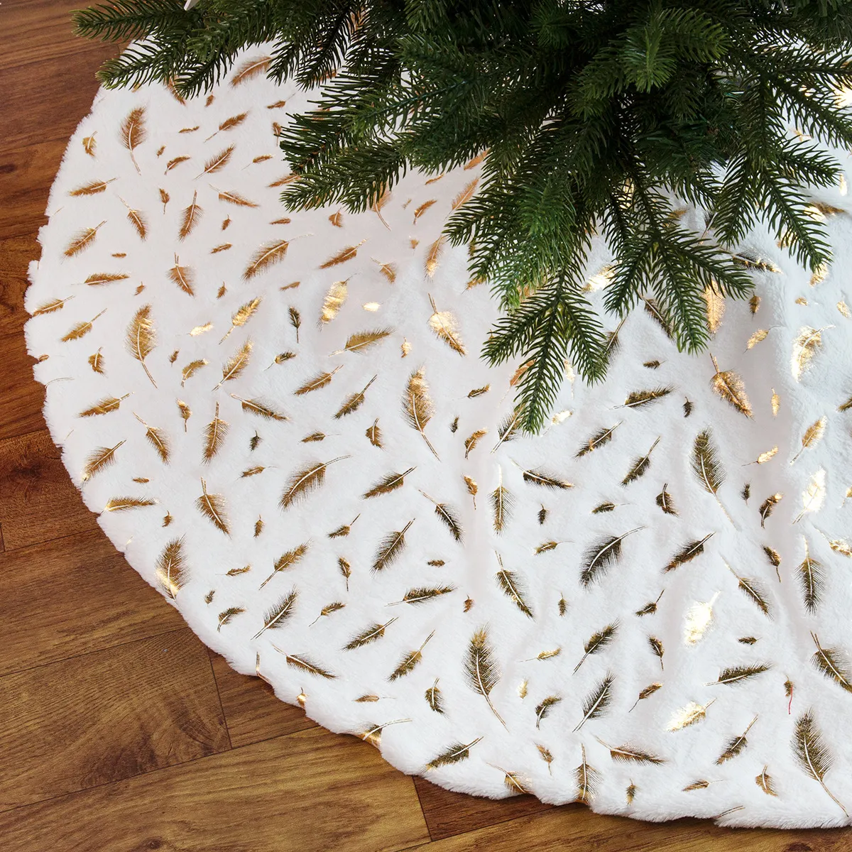 Ny juldekoration vit plysch kjol bronzing fjäder träd förkläde dekorationer julgrant kjol