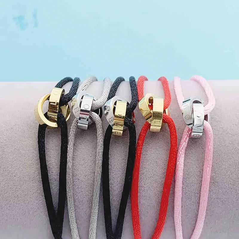 Bangle Designer Hoge kwaliteit roestvrij staal Twee cirkel gekruiste armband met verstelbaar touw voor dames heren Unisex liefdesbrief sieraden