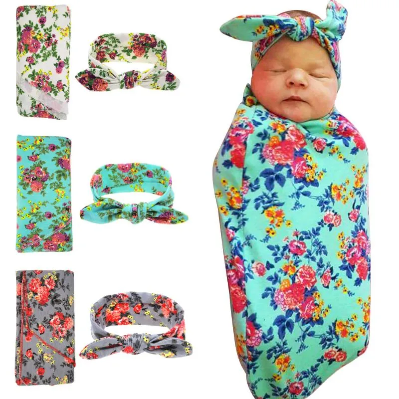 Filtar Swaddling Född Mottagande filt Bodband Blomma Print Cotton Nursery Swaddle och hårband Set för Baby Pographblankets