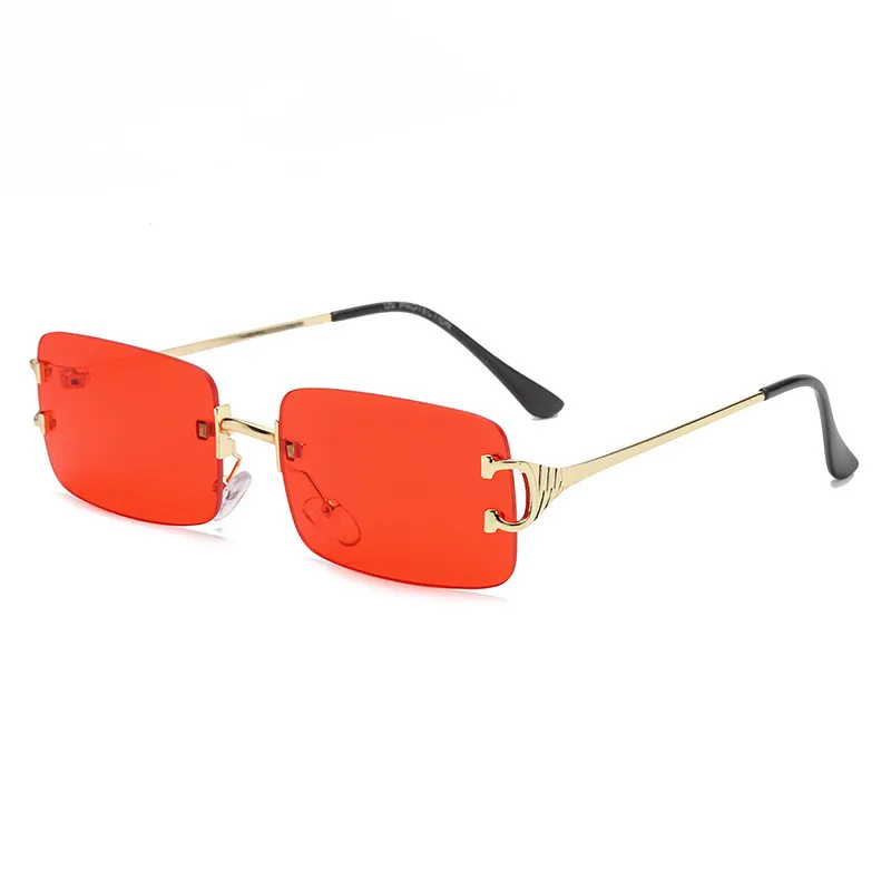 Sonnenbrille für Damen, Retro-Randlose, rechteckige Sonnenbrille für Damen, getönte Gläser, Gold, Metall, Kunst-Dekor, Mode, Vintage, Buffs-Brille, Herren-Sonnenbrille