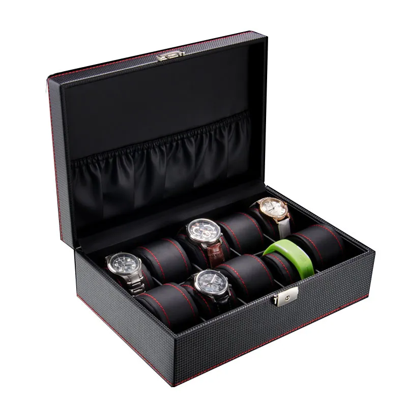 Scatole per orologi Custodie per scatole di lusso in fibra di carbonio Organizer Custodia per gioielli in pelle nera con cinturino portaoggetti con lucchetto Display GiftWatch