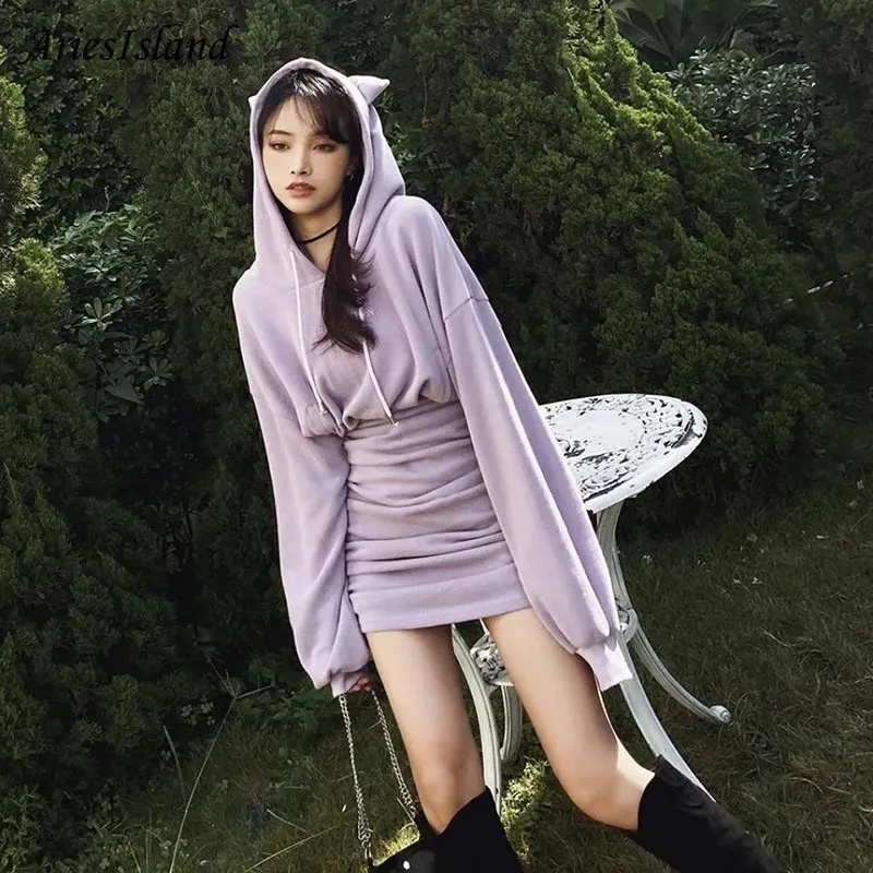 Solid color Hoodies dress Sexy Korean fashion Long sleeve Street Women sweatshirt Pullover Harajuku Casual Winter clothes women 220818