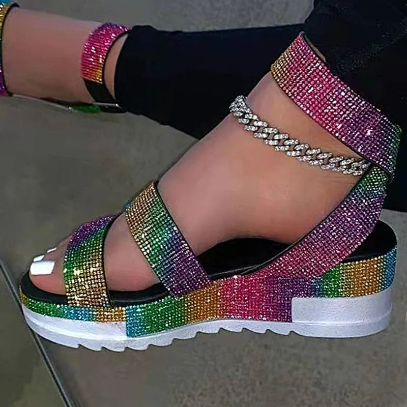 Sandales Bling Chaussures pour femmes Plateforme de coin cristal Crystal Buckle Jelly Ladies Summer Fashion Outdoor Females Sandales