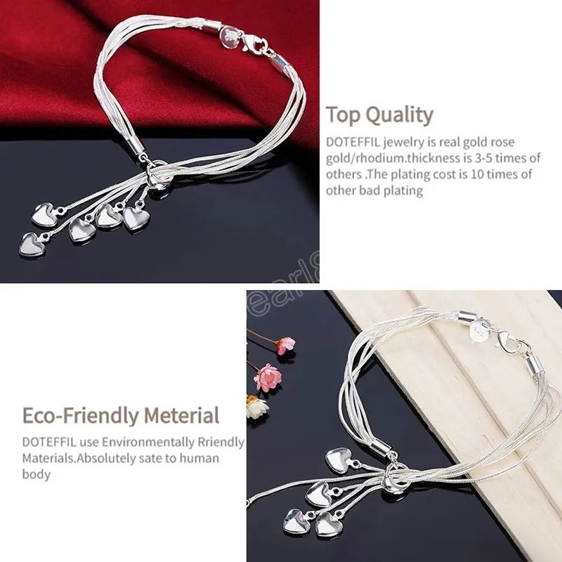 925 Sterling Silver Tassel Love Five Heart Snake Chain Bracelet for Women Wedding Complement Party Jewelry