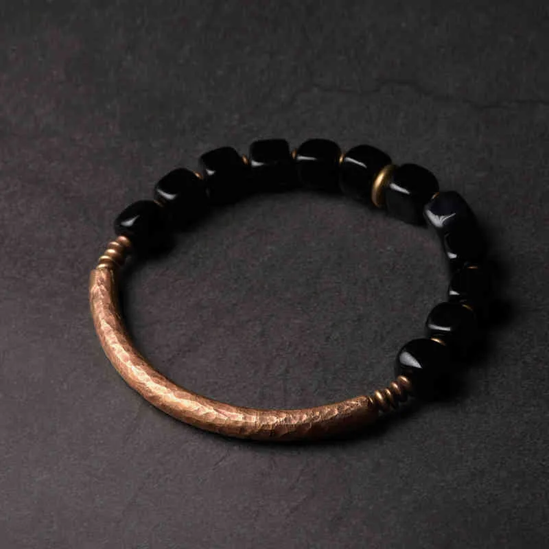 Brazalete de diseñador Pulsera de obsidiana negra cúbica con accesorios de cobre antiguos hechos a mano Joyería de piedra de protección de moda para hombres 278y