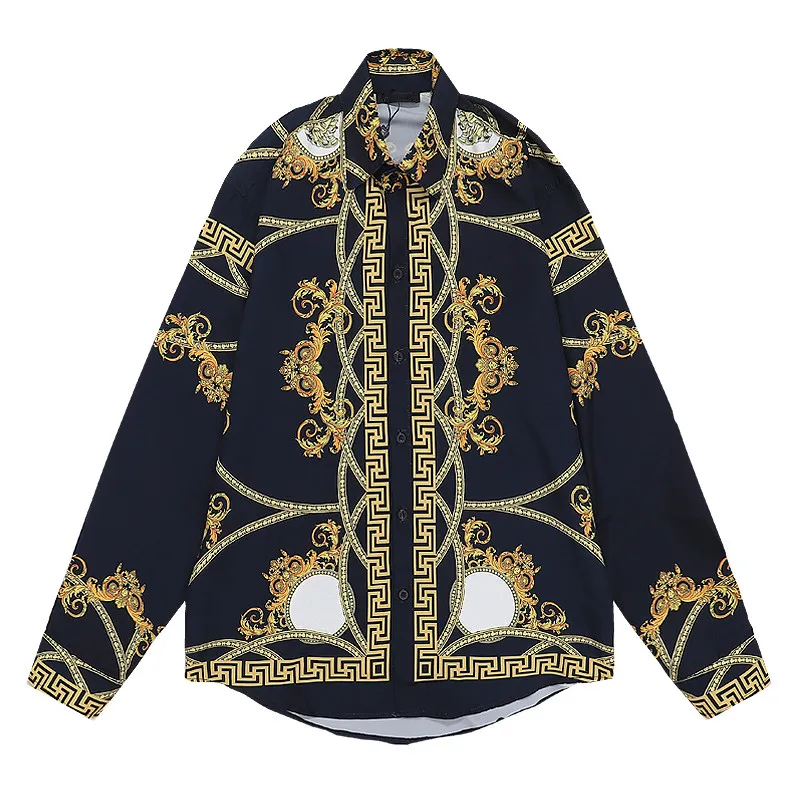 Autumn Winter Long Sleeve Designer Bowling Shirts High Quality Men Fashion Gold Baroque Letter Print Dress Shirt Man Casual Shirt PLUS Asian Size M-3XL