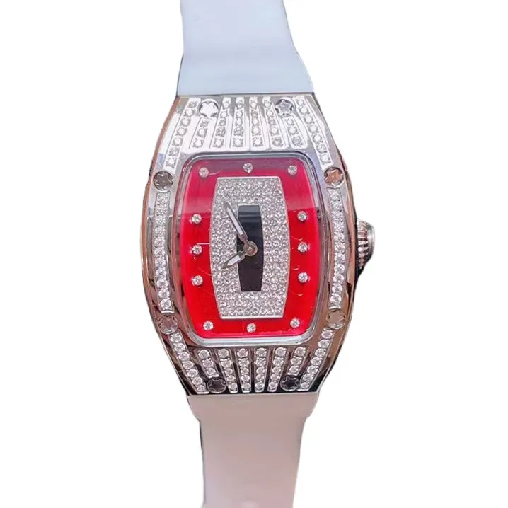 Moda quartzo relógio feminino esportes 316 caixa de aço inoxidável personalidade barril vinho pulseira silicone diamante vermelho alta qualidade oco