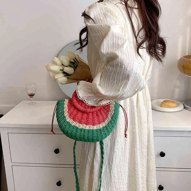 Handbags Watermelon straw woven women's portable seaside beach holiday lovely semi-circular fruit hand vegetable basket