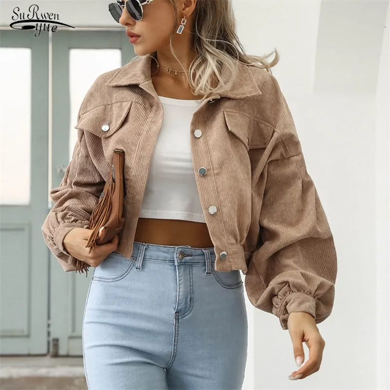 Lanterna Sleeve Cropped Jackets sobretudo canto único para fora de moda vintage Vintage Corduroy Autumn Winter Coat Women Jacket 18047 220818