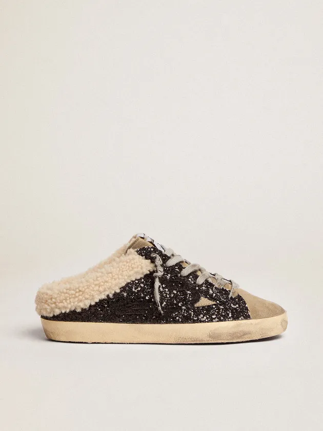 Little Dirty Shoes Designer Luxe Italien Vintage Fait Main Noir Paillettes Tourterelle Gris Daim XX et Doublure Shearling