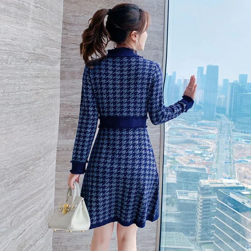 Women blue houndstooth plaid knitted bodycon dress long sleeve O-neck tunic  pencil skirt from Dhgate Basic & Casual Dresses - price 40.2