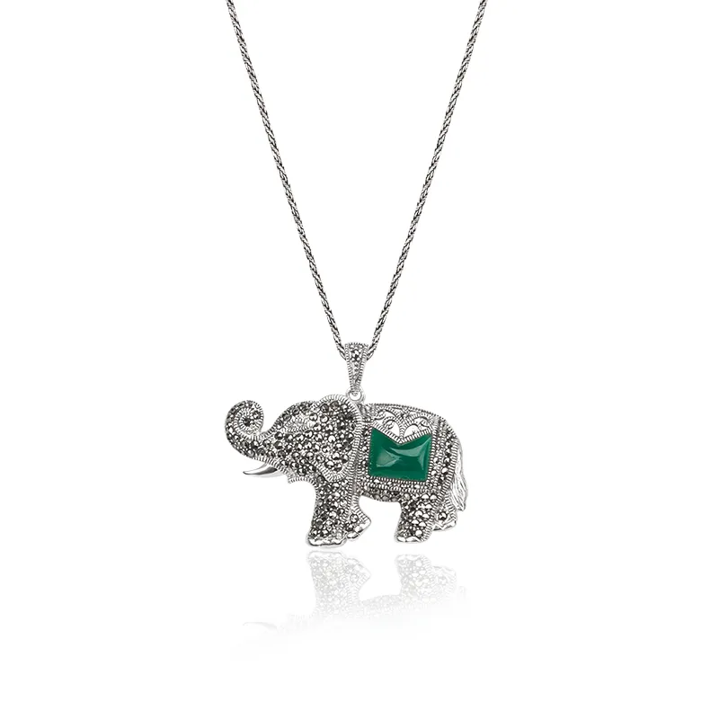 925 Silver Elephant Marcasite Pendant Halsband för kvinnor Fashion Multicolor Agate Jewelry for Party Accessories