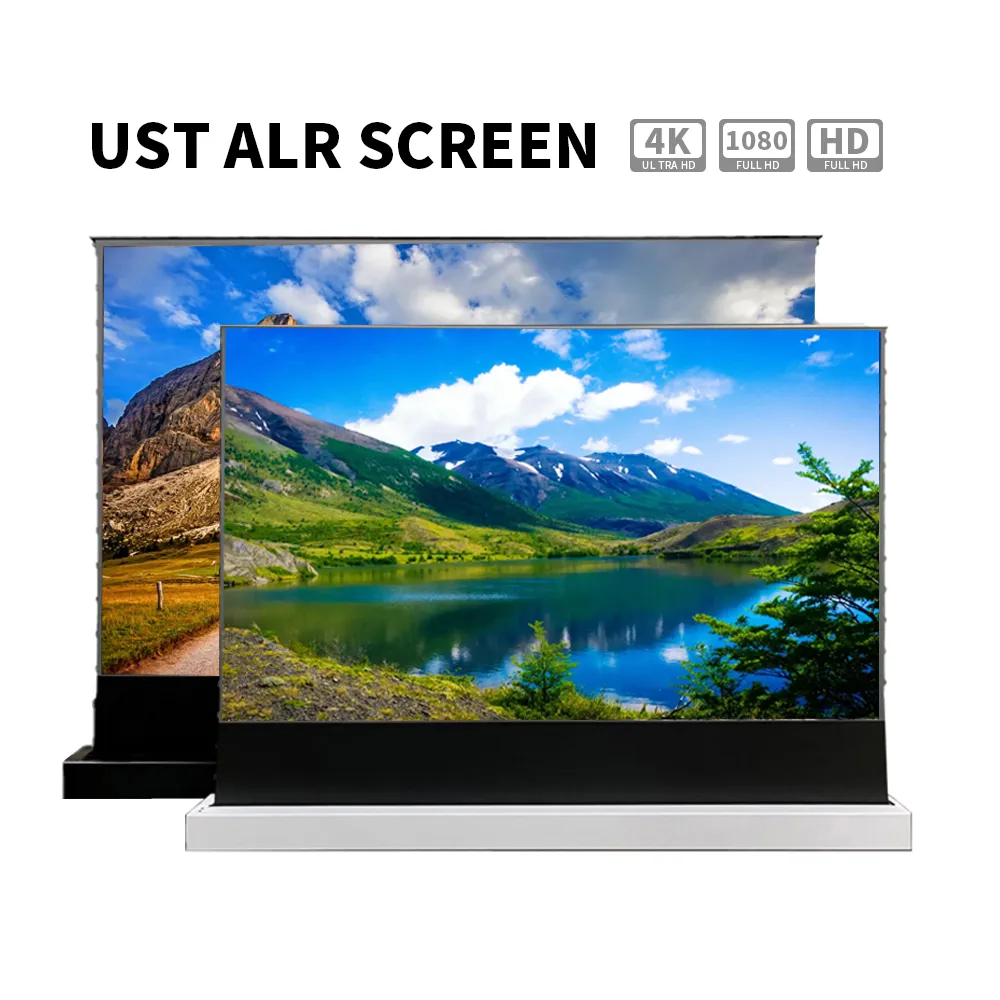 Hoge kwaliteit 120 inch 4K UST ALR/CLR Zelfresultaat Scherm Ambiëntlicht Licht afwijzen Elektrische vloer stijgende projectorschermen voor Vava Fengmi Xiaomi