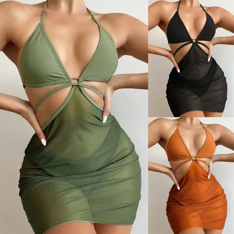 Damenbadebekleidung Sexy Solid Neckholder Tanga Bikini Push Up Badeanzüge Cover Ups für Frauen 3 Stück Sets Bandage Beachwear Anzug mit Mesh RockWomen
