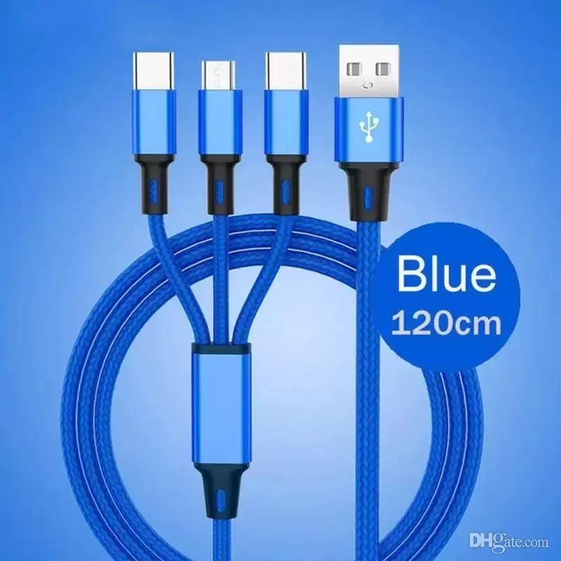 1.2m laddningsladdningskablar för Samsung Note20 S20 S22 3 I 1 Micro USB Type C Fast Charger Cable UBSC Cord med OPP Bag