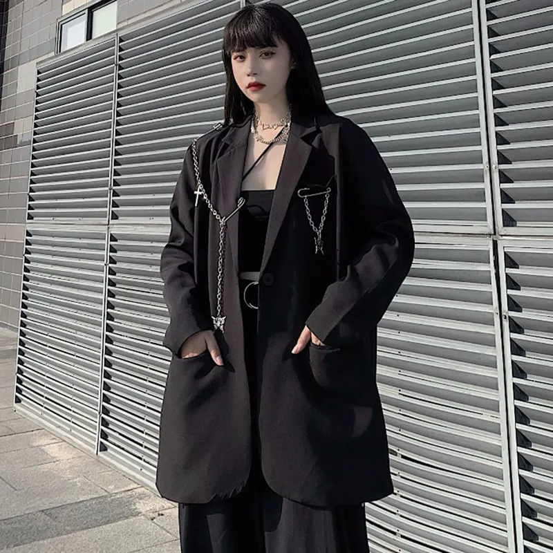 Harajuku Automne Femmes Vestes Noir Surdimensionné Gothique Punk Hip Hop Solide Vintage Blazer Manteaux Chic Chaîne Lâche Costume Veste 220818