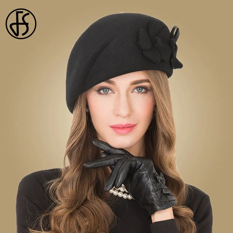 Beralar Vintage Black French Bere% 100 Yün Şapka Kadınlar Kırmızı Pembe Çiçek Fedora Kış Kıta Hissedilen Şapkalar Chepeau Femininoberets Beretsberets