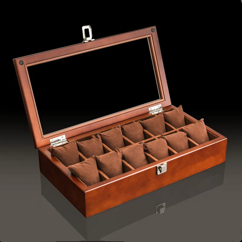 Uhrenboxen Hüllen Top 12 Slots Holz Armbanduhren Hülle Kaffee Mechanische Box Organizer mit Glasfenster Geschenk für HerrenUhr