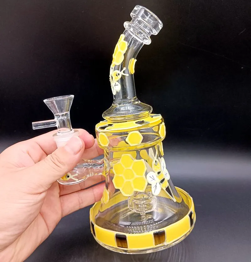 Mini 8,5 inch Geel Exquisite Design Glazen water Bong Hookahs met honingbijenpatroon Delicate rookpijpen vrouwelijk 14 mm