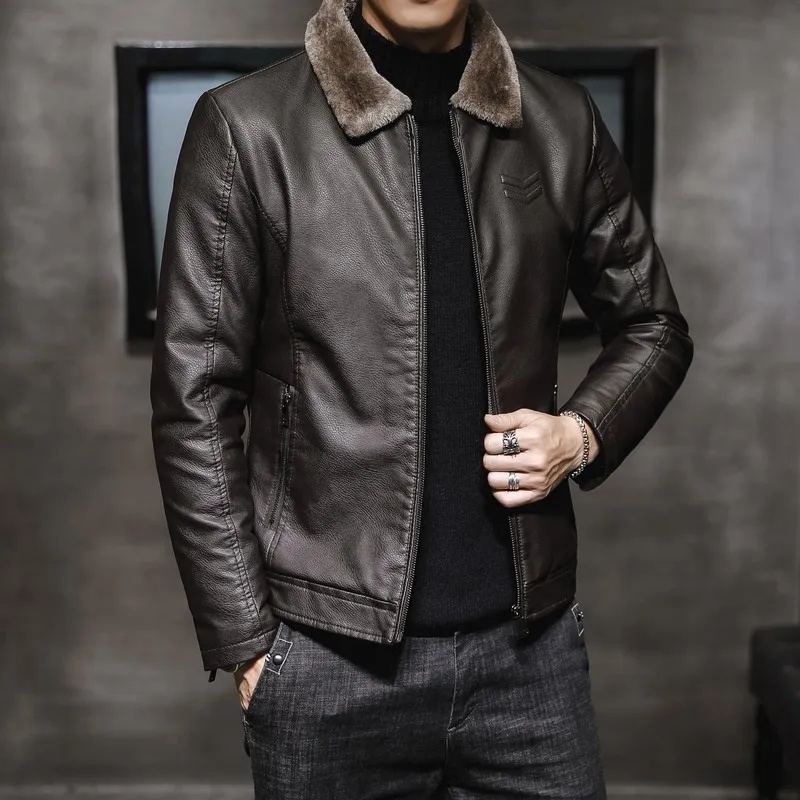Mens Windproof Mens Leather Jackets Cheap With Faux Fur Collar