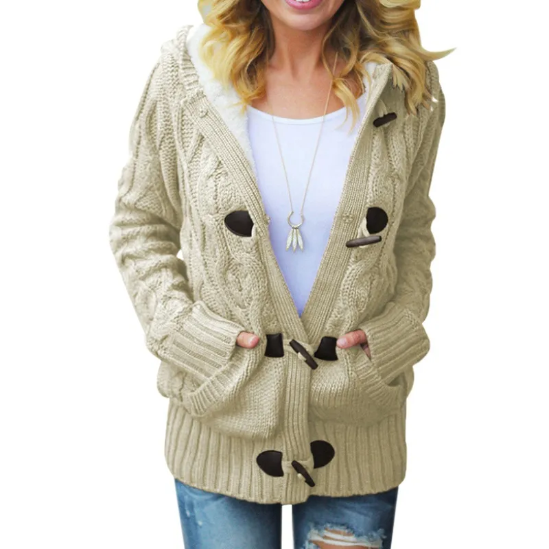 Damen-Strickjacke mit Kapuze, Knopfleiste, Zopfmuster, Mantel, Oberbekleidung mit Taschen, Kleidung für Damen, lockere Fleece-Kleidung