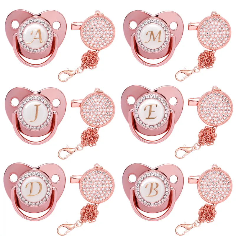 Pacifiers Rose Gold Baby Pacifier With Chain Clips Born Infant Silicone Pacifiers Bling
