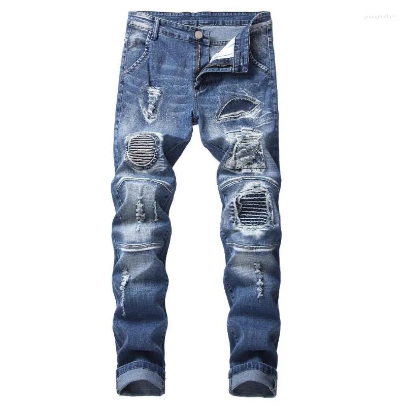 Fahsion Men's Ripped Biker Jeans Pleated Distressed Motorcycle Denim Pants Patched Jean Trousers Plus Size 28-42