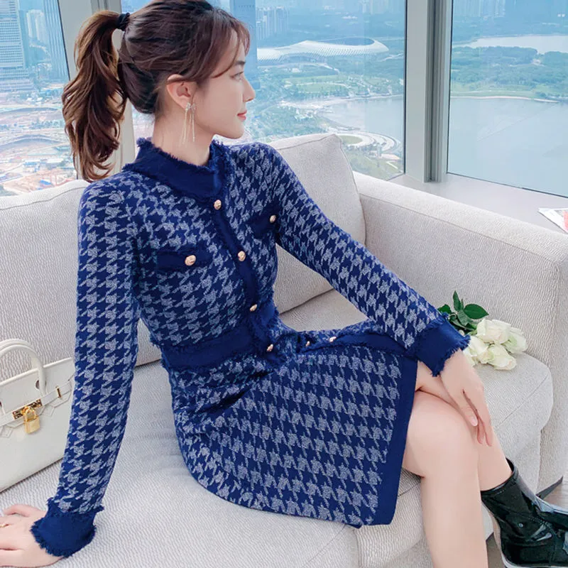 Women's long sleeve dress o-neck blue houndstooth plaid gird knitted bodycon tunic pencil vestidos