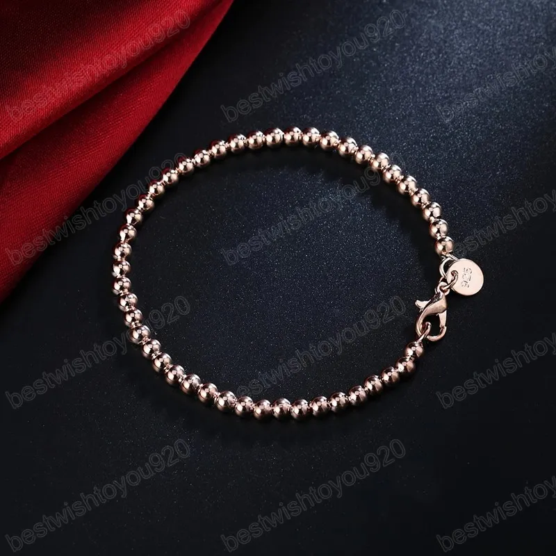 Bracelet en argent Sterling 925 Rose or pour femmes, chaîne de perles lisses creuses de 4mm, bijoux à la mode pour fête de fiançailles et de mariage