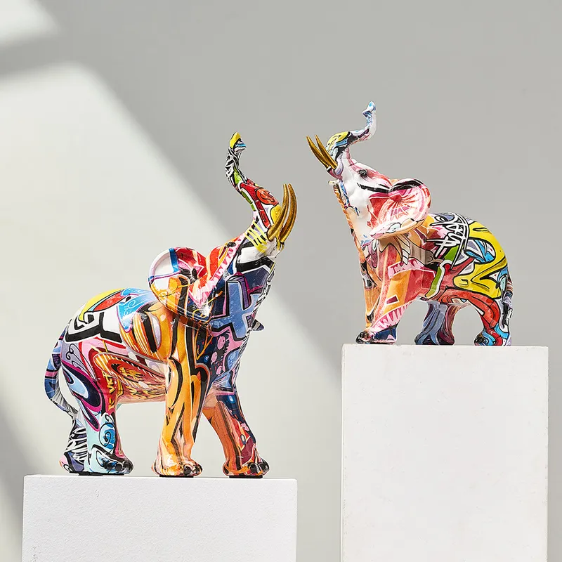 Art coloré éléphant Sculpture résine animal Statue Art moderne Graffiti maison salon décor bureau esthétique chambre décor cadeau 220818