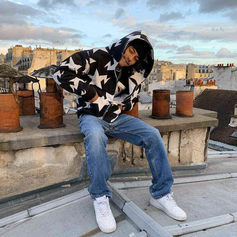 Y2K Mens Fashion Zip Up Hoodie: Star Print Long From