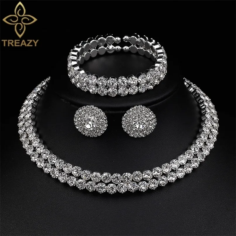 Treazy Luxury Crystal Bridal Jewelry Set African Choker Necklace Earrings Armband Set For Women Wedding Accessories 220810