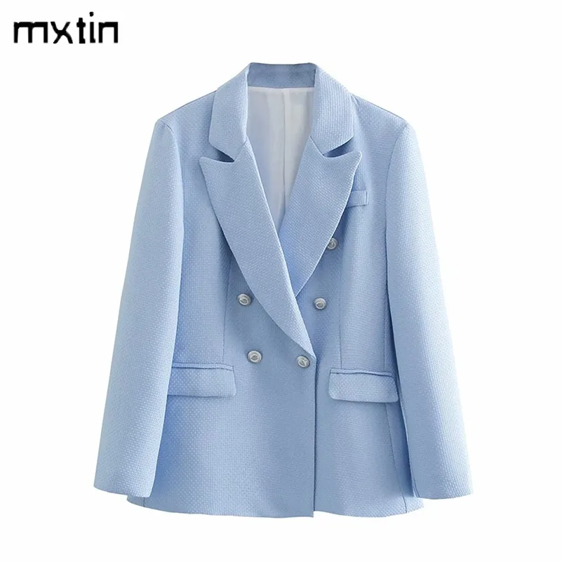 Mxtin Women Autumn Fashion Solid Blazers a doppio petto Blazer Vintage Slim Pockets Office Lady Stupt Female Blazer Coat 220819