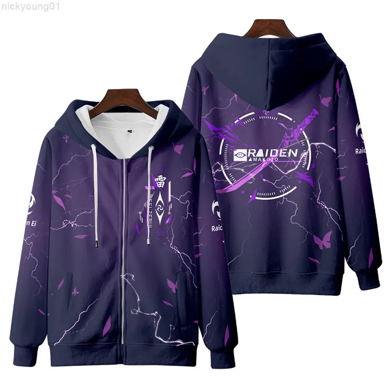 Män hoodie hot game genshin påverkan Beelzebul 3d tryck zip upp kvinnliga tröja raiden shogun baal cosplay zipper huvjacka y220818