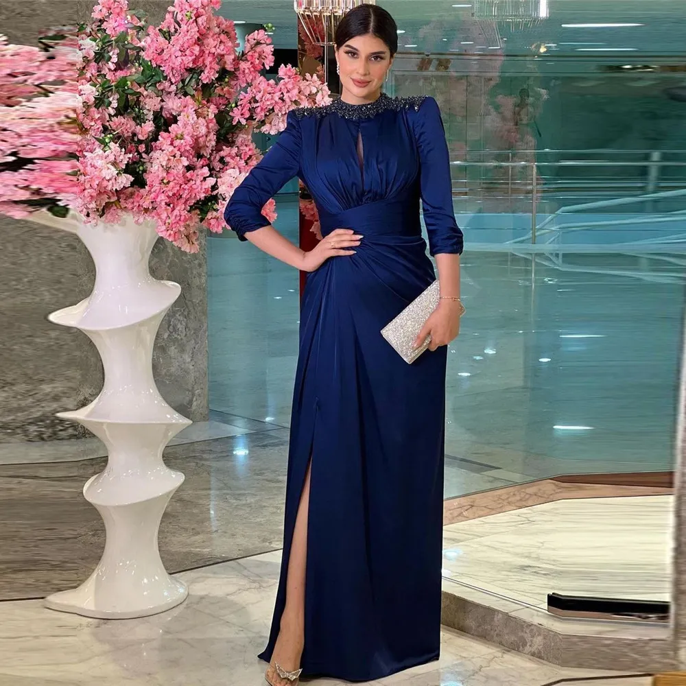 Navy Blue Straight Evening Dresses High Neck Crystal Beads Formal Gown Side Split Satin Dress for Special Occasions