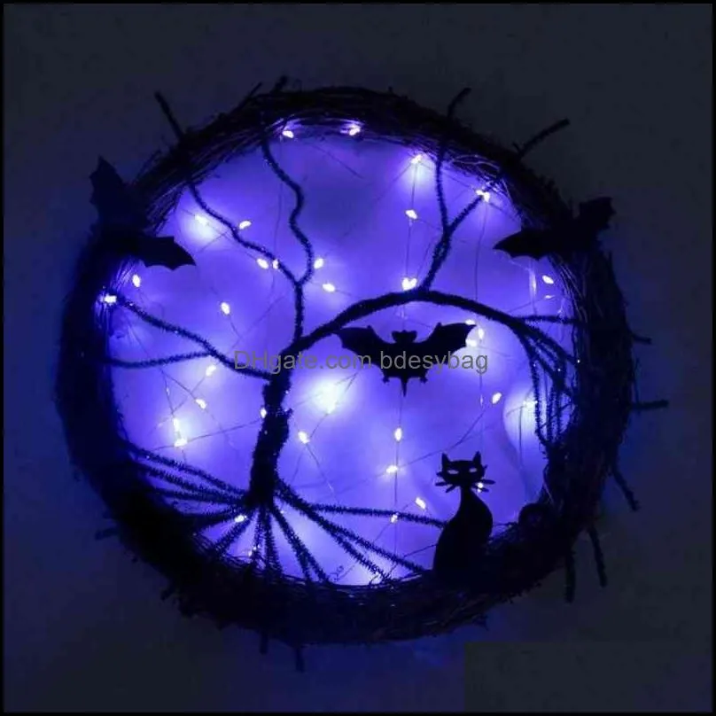 Dekorative Blumen Kränze Horror Kranz mit Licht leuchtende Rattan Tür Dekor Glow In The Dark Knocker Bat Halloween Home Bdesybag Dhh4N