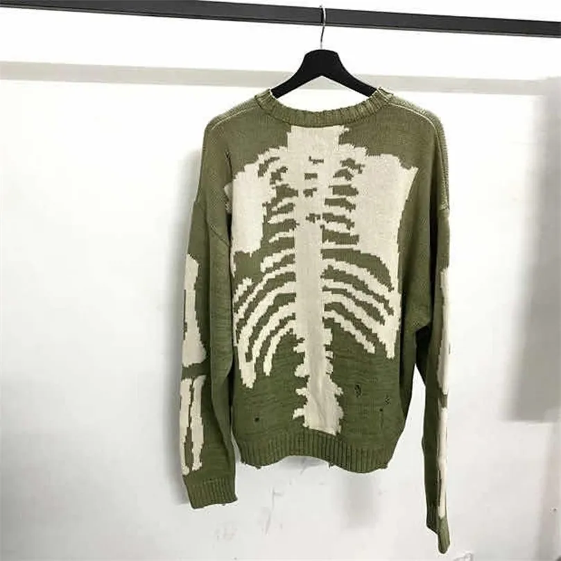 Kapital Vert Lâche Squelette Os Impression Pull Hommes Femme Bonne Qualité High Street Dommages Trou Vintage 1 1 Tricot 220817