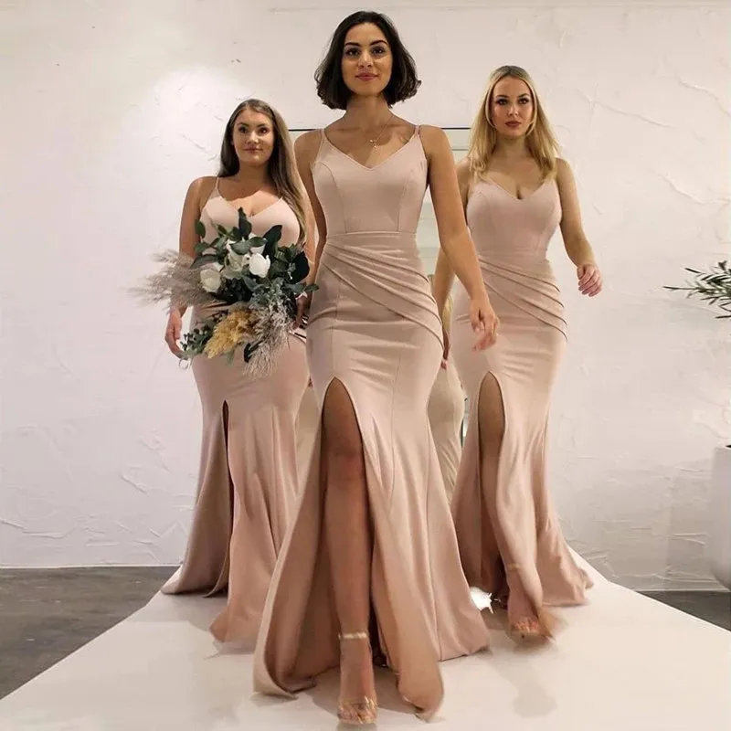 Champagne Mermaid Bridesmaid Dresses Long Sexy Slit V-neck Spaghetti Strap Pleated Maid Of Honor 2022 Wedding Guest Party Dress