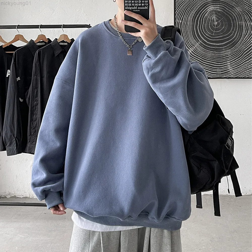 Harajuku Sweatshirts Hommes 2022 Automne Coréen Couleur Solide Polaire Pulls surdimensionnés Casual O Cou Tops Basiques Hip Hop Streetwear Y220818