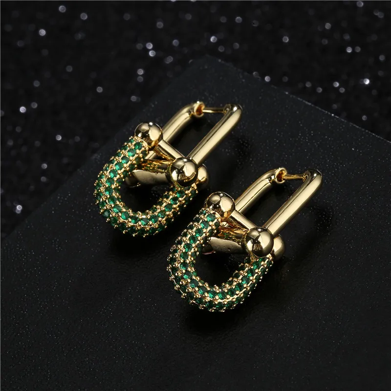 Designer örhänge nytt mode u form geometri charm örhängen för kvinnor med vit grön blå kristallstång öronringar smycken gåva