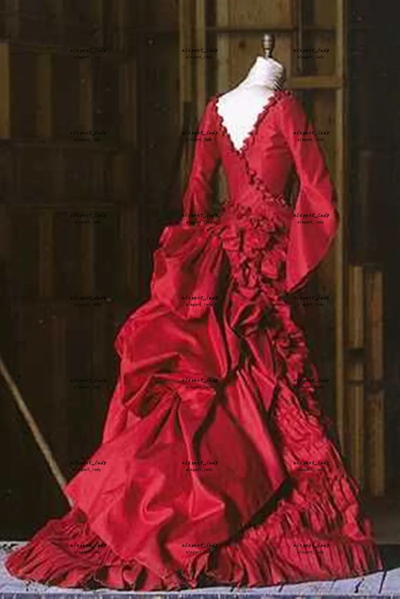 Red Victorian Ballroom 무도회 드레스 Mina의 Dracula Bram Stoker Long Sleeve Vampire Gown Silk Gothic Carnival Costume Evening Gown